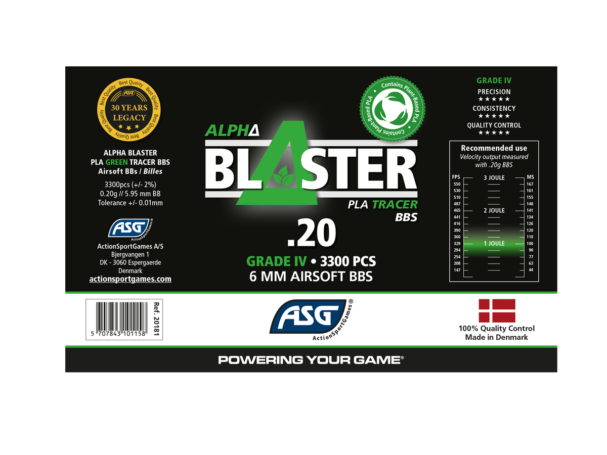 Alpha Blaster PLA Green Tracer Kugeln, 0,20 g, 3300 Stk. - Flasche